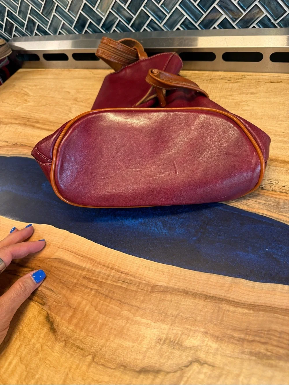 Leather Convertible Sling/Backpack in Burgundy with Tan Strap